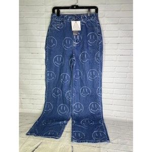 Boohoo Blue Womens Size 8 Loose Straight Leg Denim Jeans Smile Print Hippie NEW